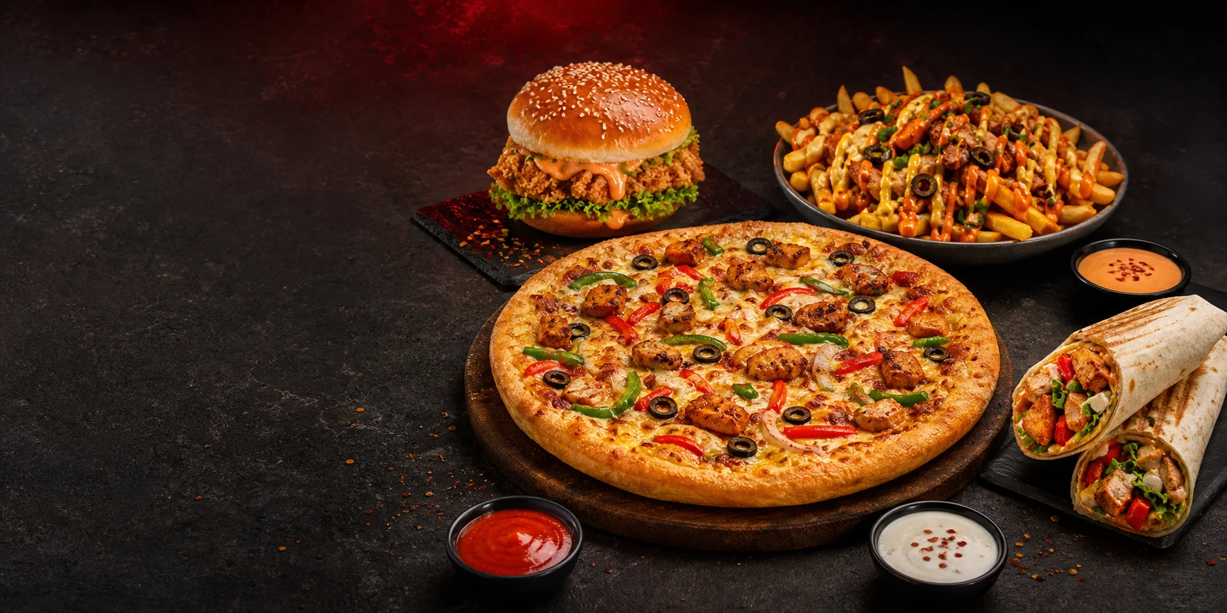 Waah pizza, chicken burger, loaded fries and wraps on a dark stone table